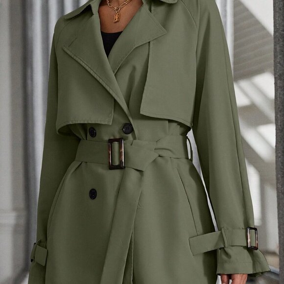 Army Green Casual Women's Raglan Sleeve Double Breasted Belted Trench Coat - Picture 2 of 4